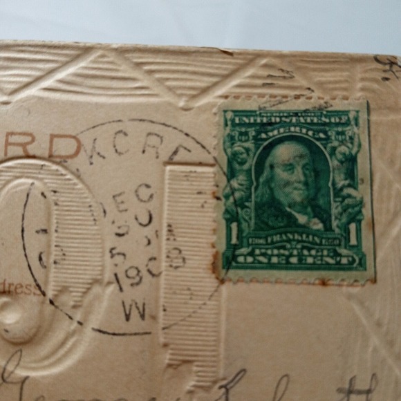 Antique VTG 1908 POSTCARD with BENJAMIN FRANKLIN 1 Cent Green Stamp 1902 - 1910 - Picture 8 of 16